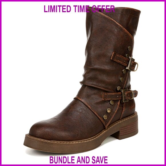 Shoes - Women's Vegan Moto Boots with Buckle Studs Side Zipper 8 Inch Shaft